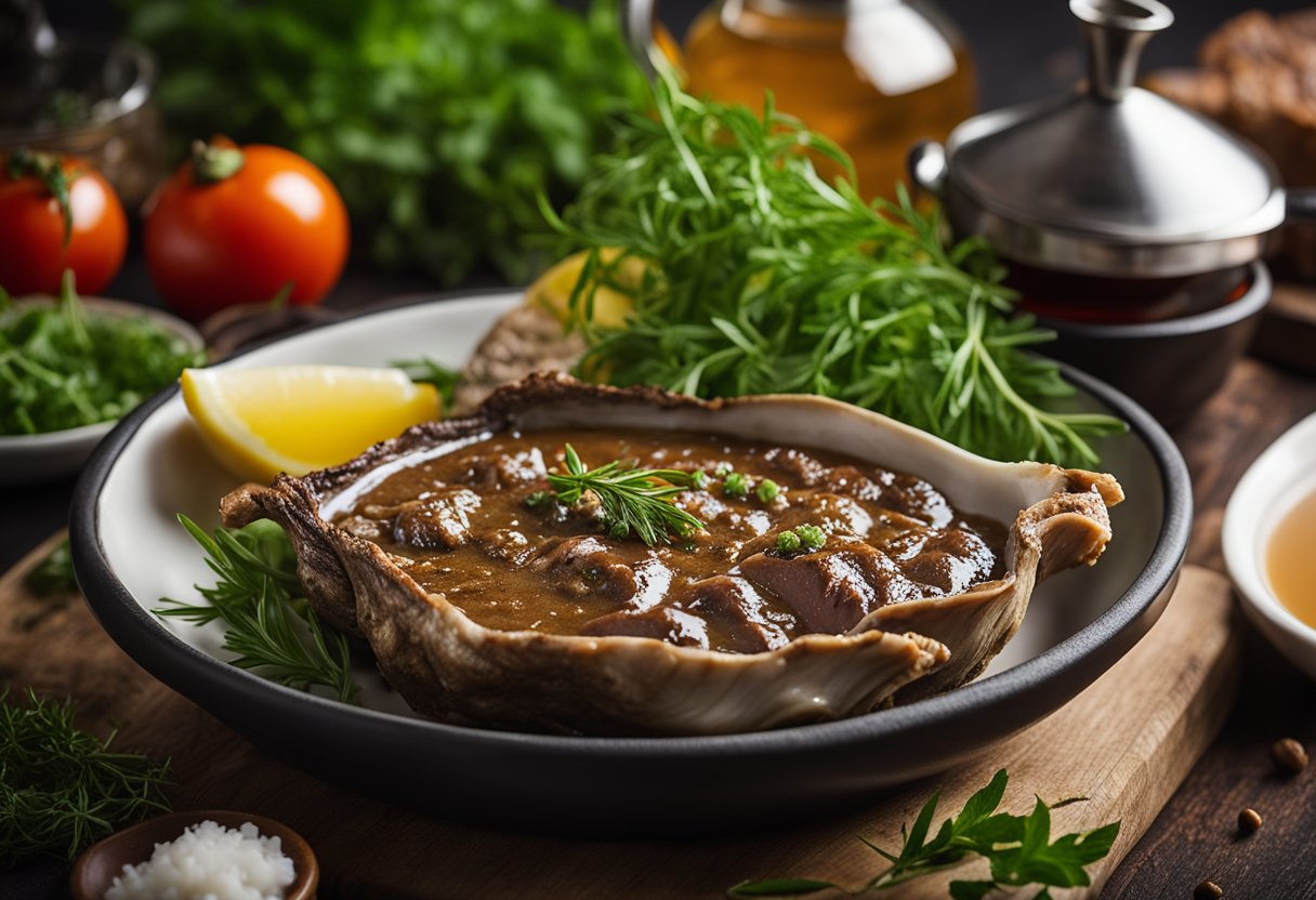 A sizzling oyster blade steak surrounded by fresh herbs and spices, with a steaming pot of savory beef broth in the background