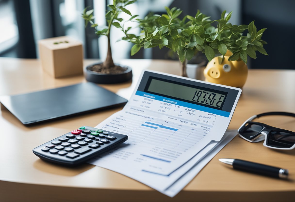 A desk with a laptop, calculator, and financial documents. A chart showing income and expenses. A piggy bank and a money tree in the background