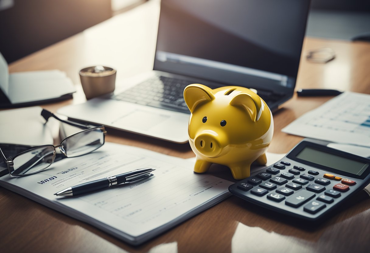 A desk with a laptop, calculator, and financial documents. A chart showing a clear path to financial independence. A piggy bank and investment books symbolize saving and planning