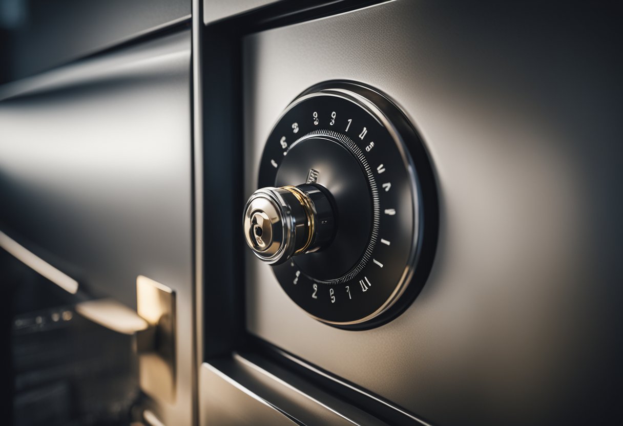 A locked safe surrounded by a digital shield, with a hacker trying to break in while a security system alerts the owner