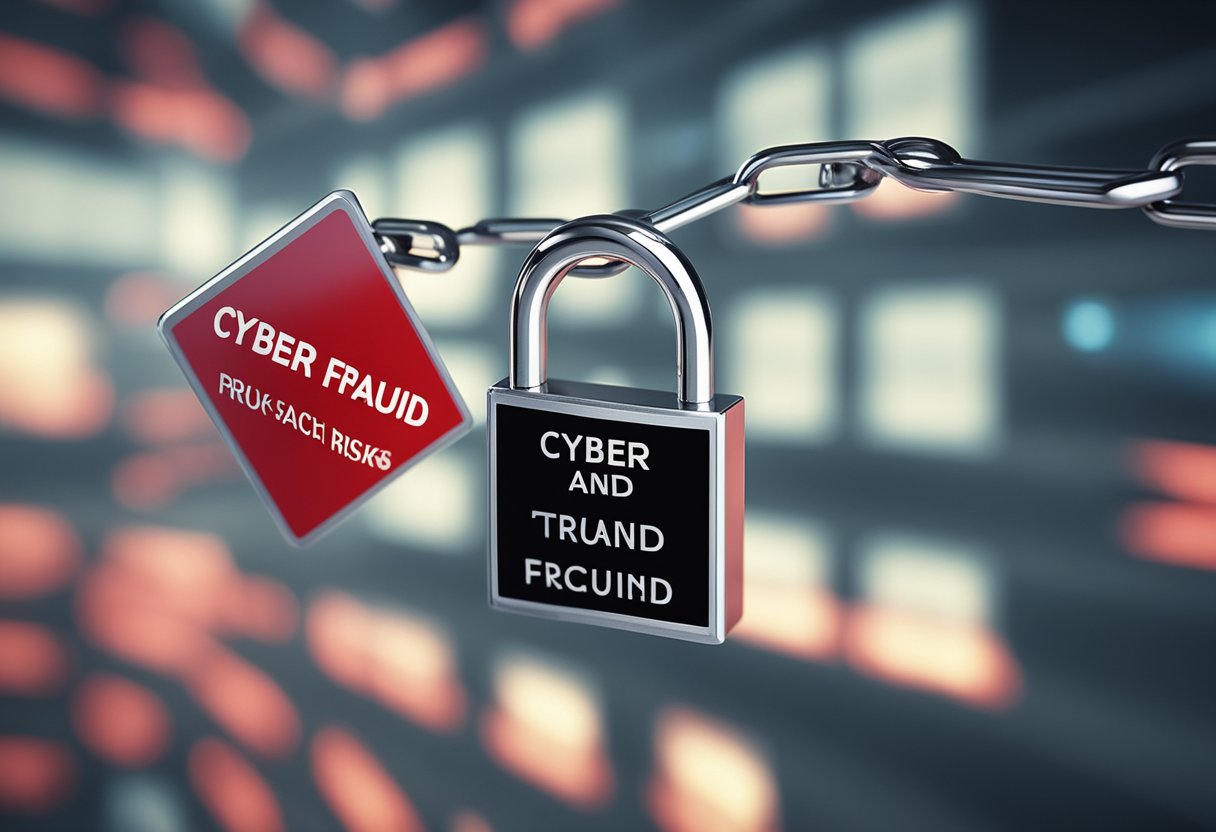 A computer screen displays a red warning sign with the words "Cyber Fraud Risks and Impact" while a padlock symbolizes protection against financial fraud