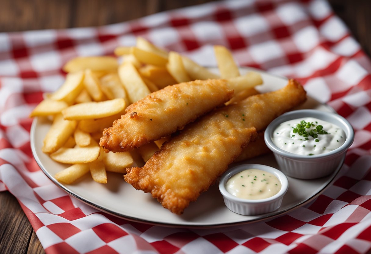 Golden crispy fish and chips on a checkered paper, with a side of tartar sauce and a sprinkle of salt