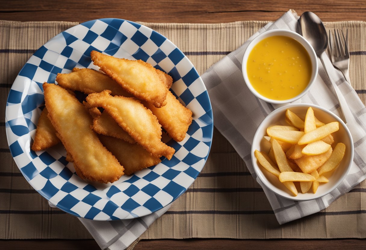 A plate of golden beer-battered fish and crispy chips sits on a checkered tablecloth, with a side of tartar sauce and a wedge of lemon