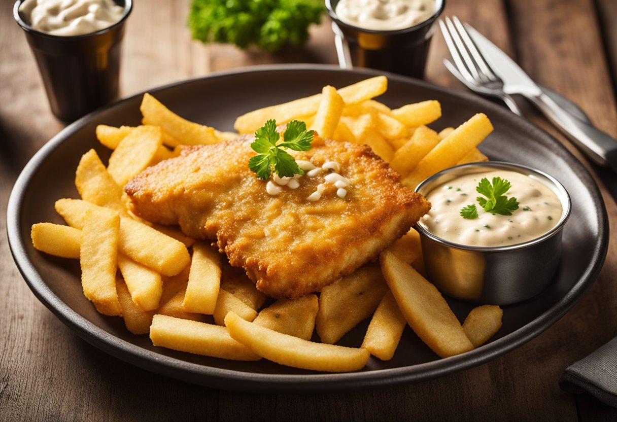 Golden fish fillets sizzling in bubbling beer batter, served with crispy chips and a side of tangy tartar sauce