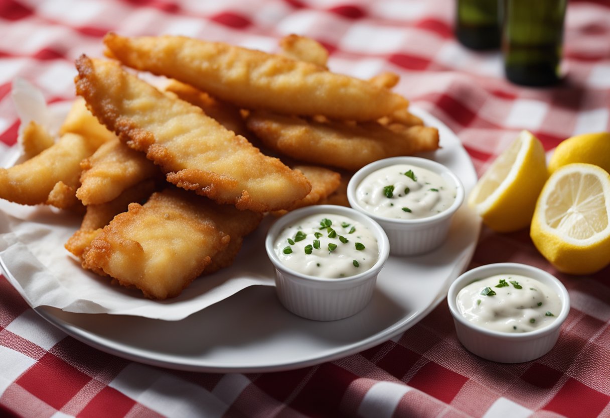 A plate of beer-battered fish and chips sits on a checkered tablecloth, with a side of tartar sauce and a slice of lemon