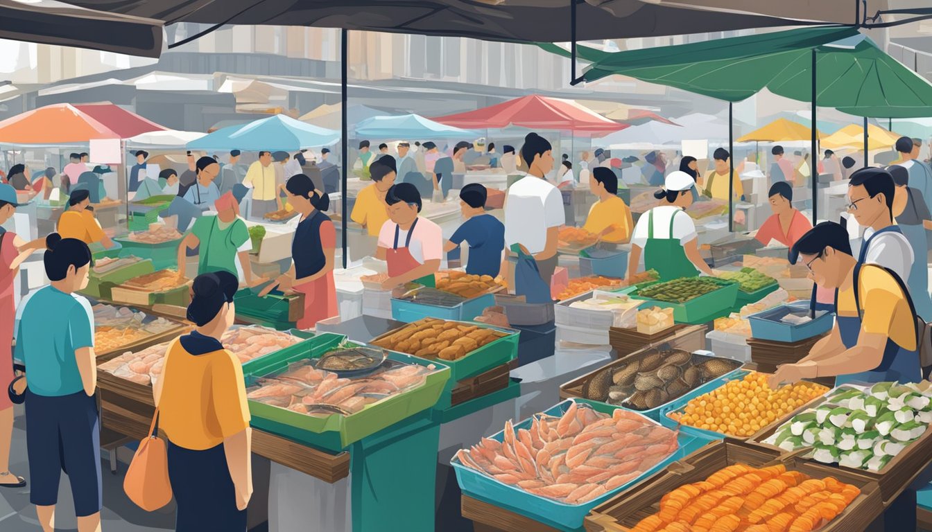 A bustling seafood market in Singapore, with colorful stalls and vendors selling fresh bantong seafood