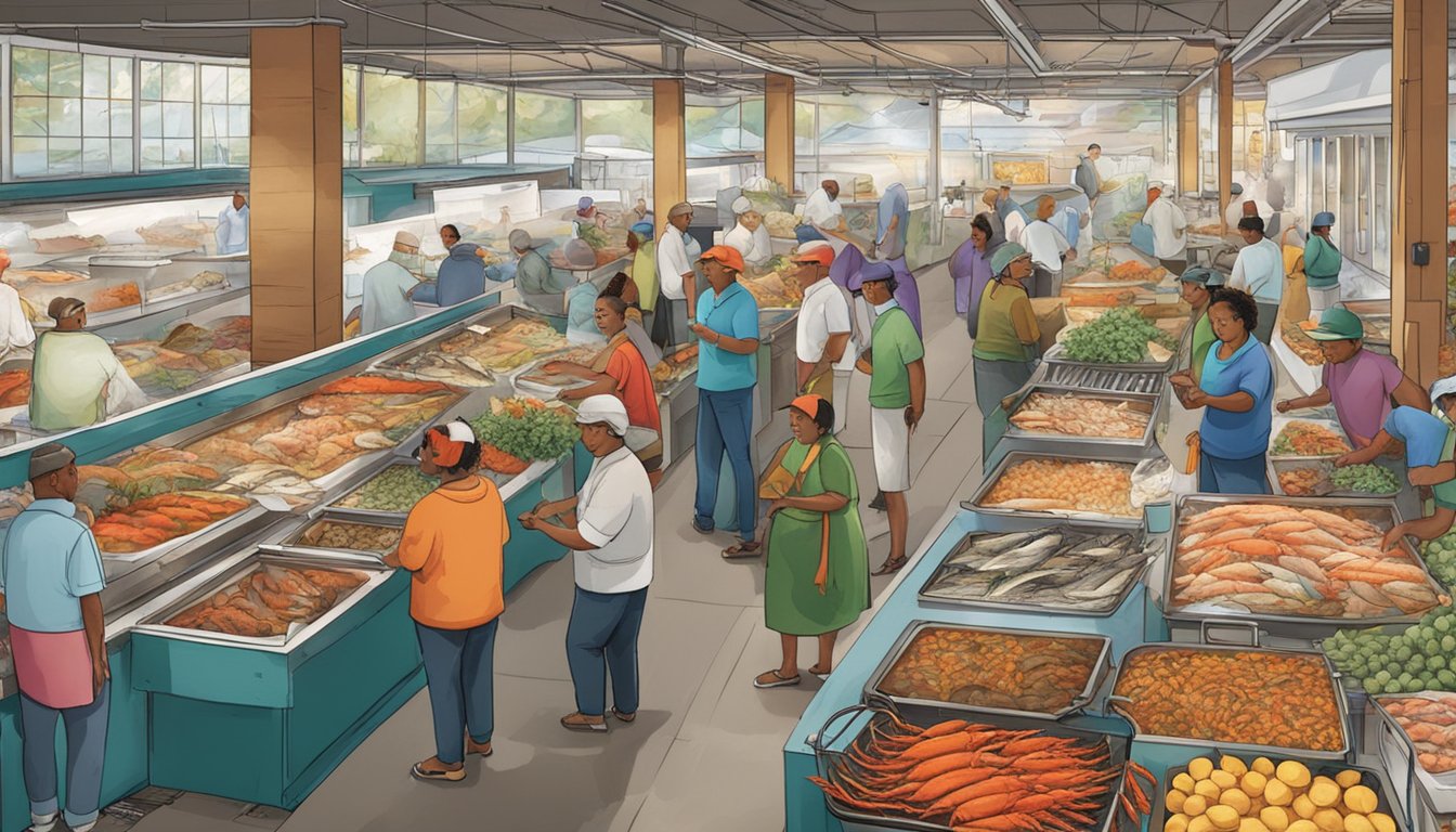 A bustling seafood market with colorful displays of fresh fish, crabs, and lobsters. Customers eagerly inspect the catch of the day while vendors shout out their specials. The air is filled with the aroma of grilling seafood