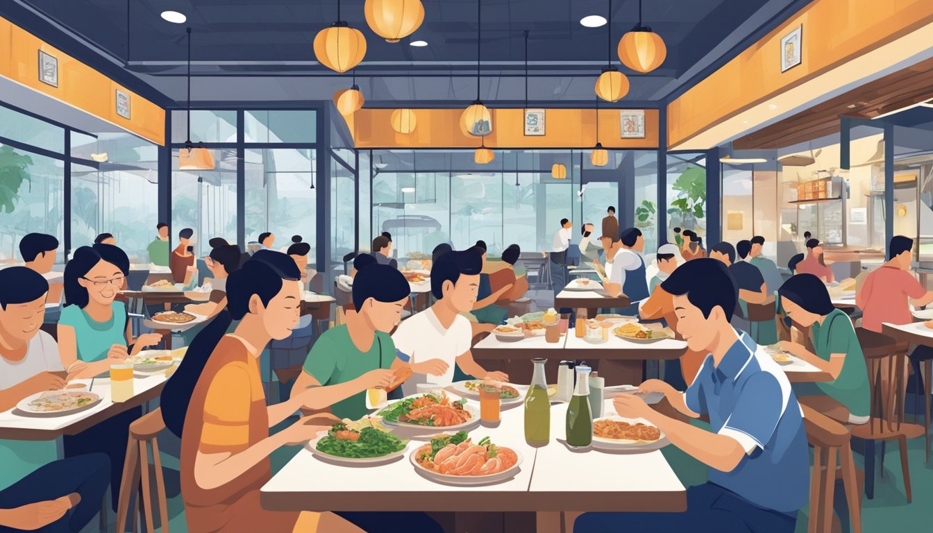 Customers enjoying a variety of freshly prepared seafood dishes at Ban Tong Seafood in Singapore. The restaurant is bustling with activity as diners savor their meals in a lively atmosphere
