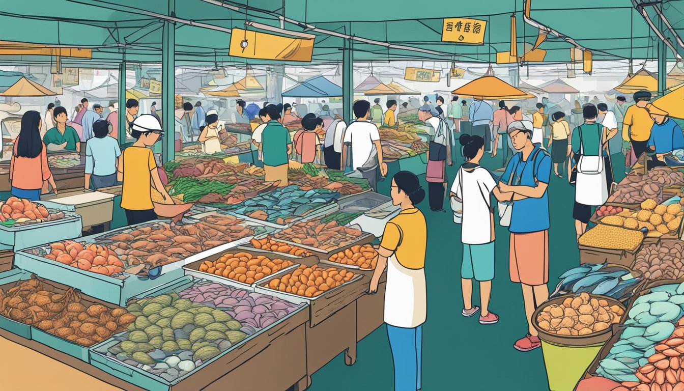 A bustling seafood market in Singapore, with colorful displays of fresh fish and shellfish. Customers chat with vendors, while a sign prominently displays "Frequently Asked Questions" about the seafood