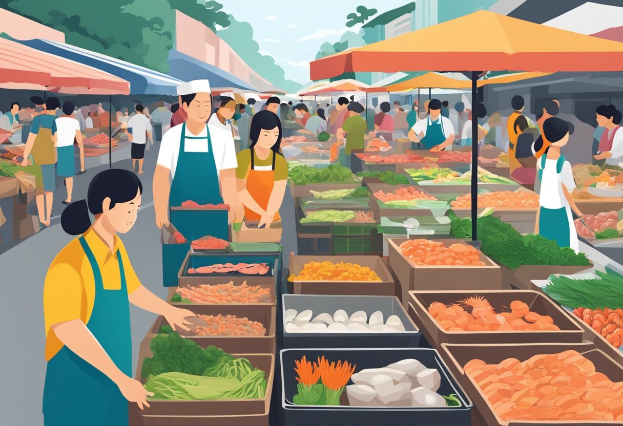 A bustling seafood market in Singapore, filled with colorful stalls and fresh catches. Customers haggle with vendors, while chefs inspect the day's best offerings