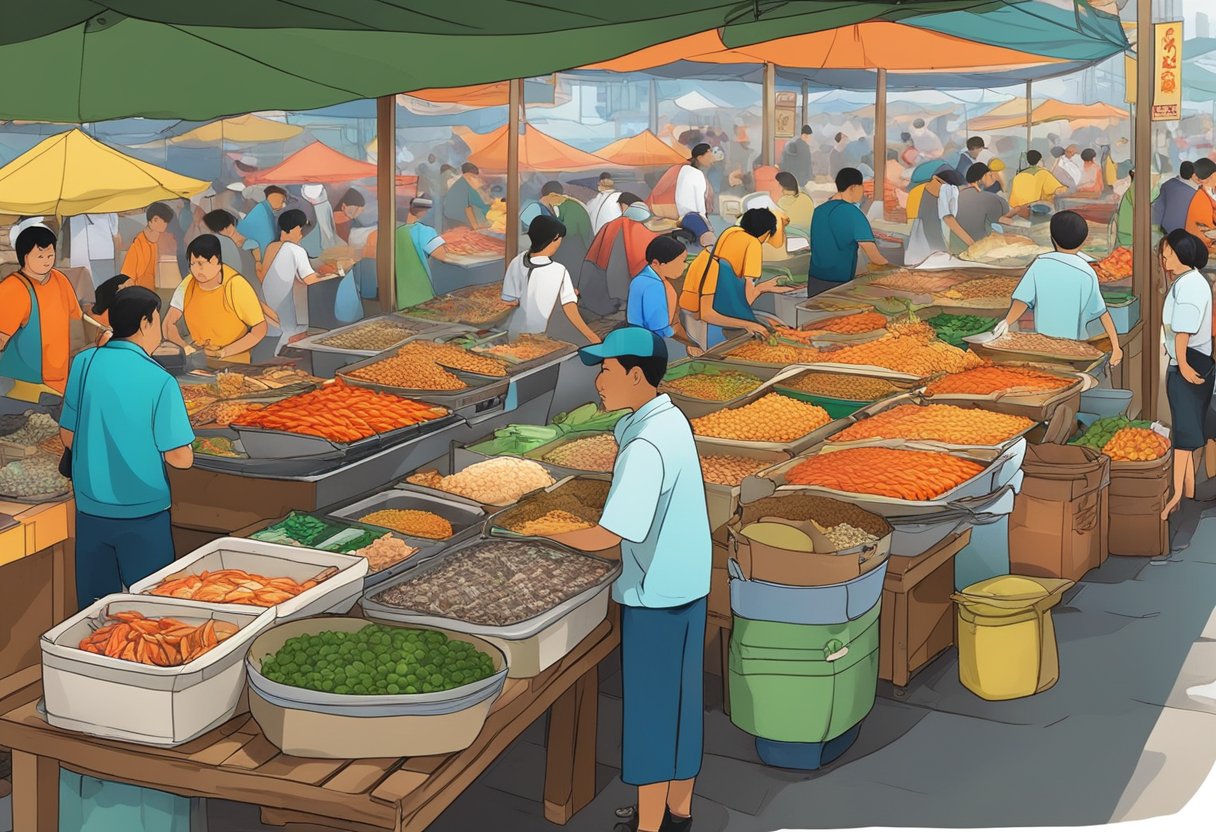A bustling seafood market in Singapore, with colorful stalls overflowing with fresh fish, crabs, and shellfish. The air is filled with the aroma of sizzling stir-fries and spicy chili sauces