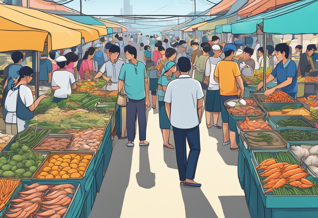 A bustling seafood market in Singapore, with colorful stalls and fresh catches on display. Customers chat with vendors, sampling the best and cheapest offerings