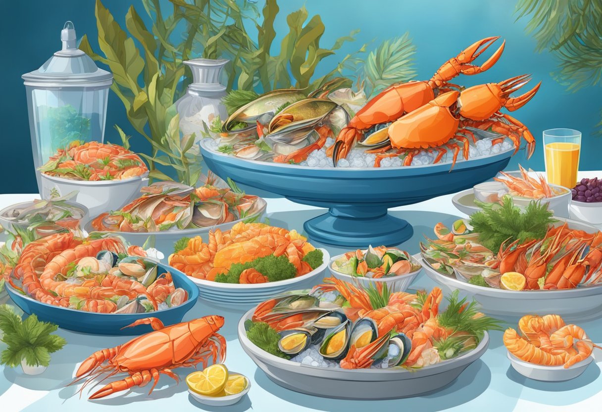 A bustling seafood buffet with a variety of fresh fish, crab, lobster, and shrimp dishes displayed on ice, surrounded by vibrant seafood-themed decor