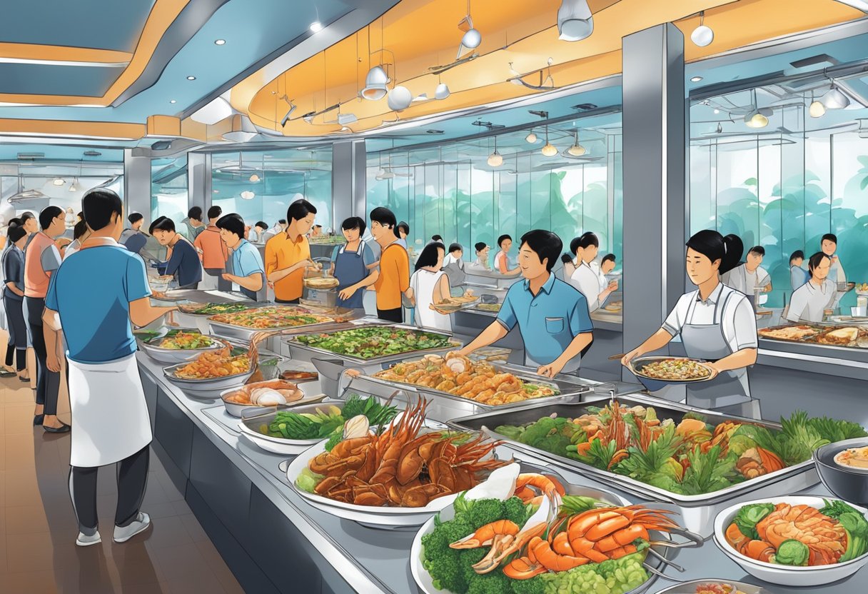 A bustling seafood buffet in Singapore, with a variety of dishes and diners enjoying their meals