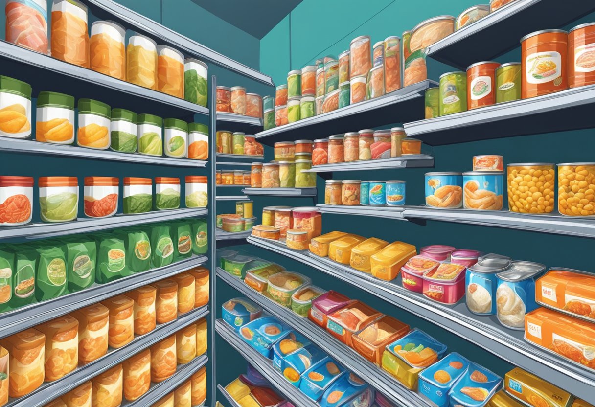 A colorful display of various canned seafood products arranged neatly on shelves in a Singaporean grocery store