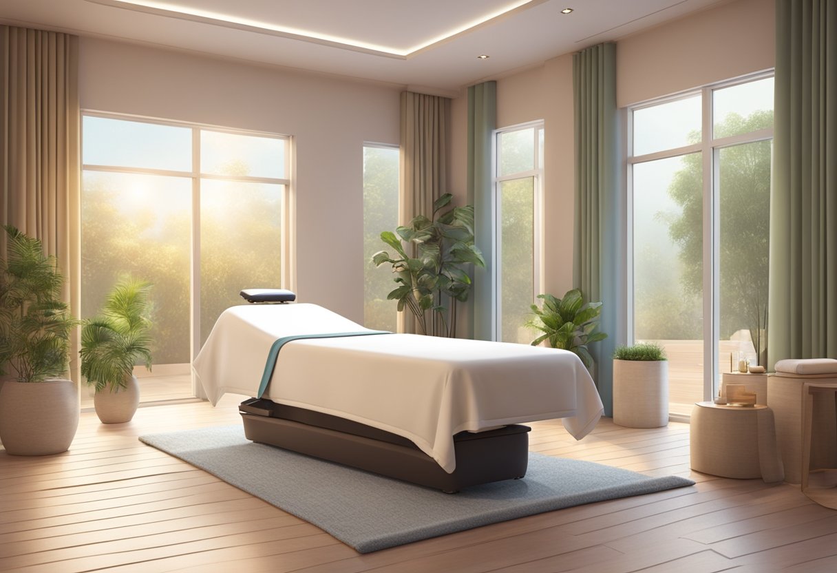 A serene spa room with soft lighting and a comfortable treatment bed. A professional microcurrent machine sits ready for use, surrounded by calming decor