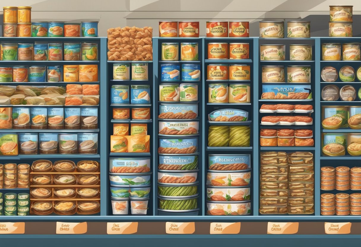 A variety of canned seafood, including tuna, sardines, and salmon, are neatly arranged on shelves in a grocery store. Labels display product names and prices