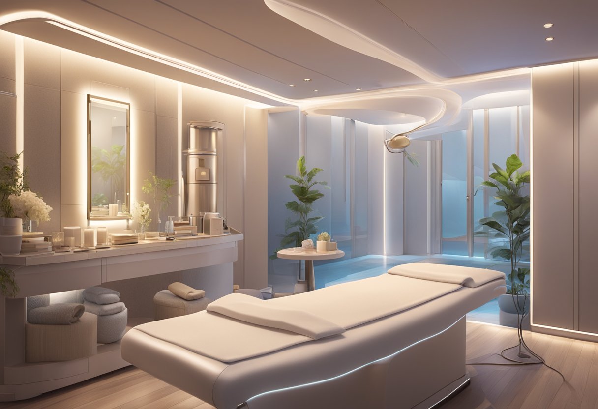 A serene spa room with a futuristic microcurrent machine, soft lighting, and a calming atmosphere, inviting clients seeking a non-invasive face lift treatment