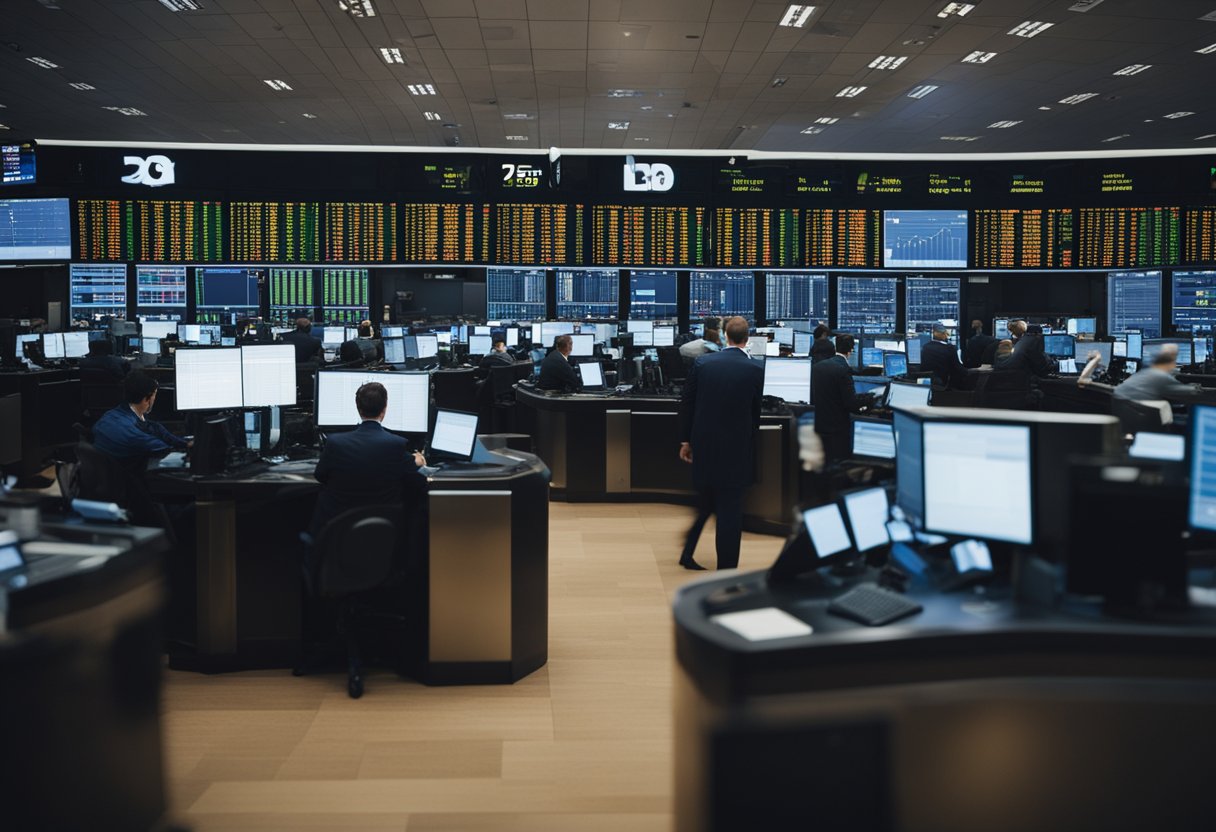 A crowded stock exchange floor with traders frantically gesturing, screens flashing with volatile numbers, and a palpable sense of tension and excitement in the air