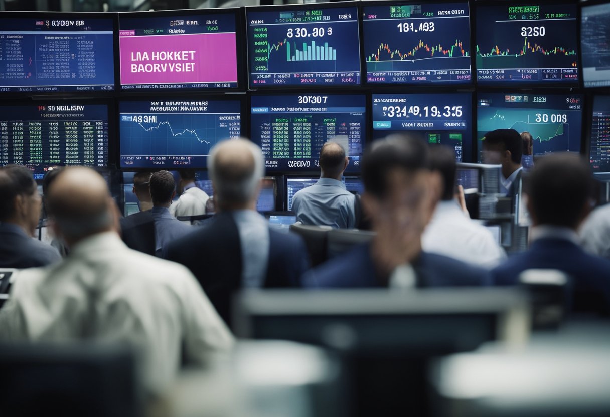 A bustling stock market with soaring graphs and flashing indicators, surrounded by anxious investors and news headlines warning of potential market bubbles