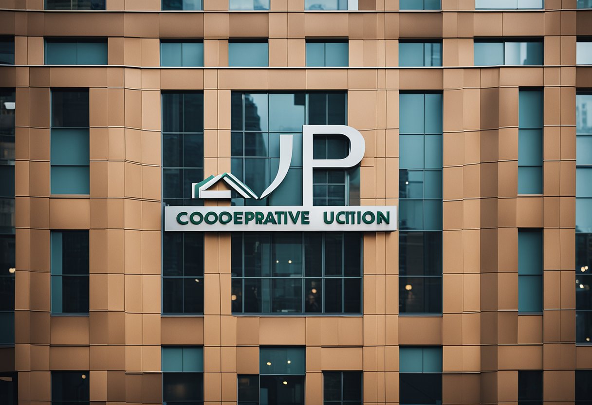 Cooperative credit union logo displayed prominently in a bustling financial district, with people entering and exiting the building