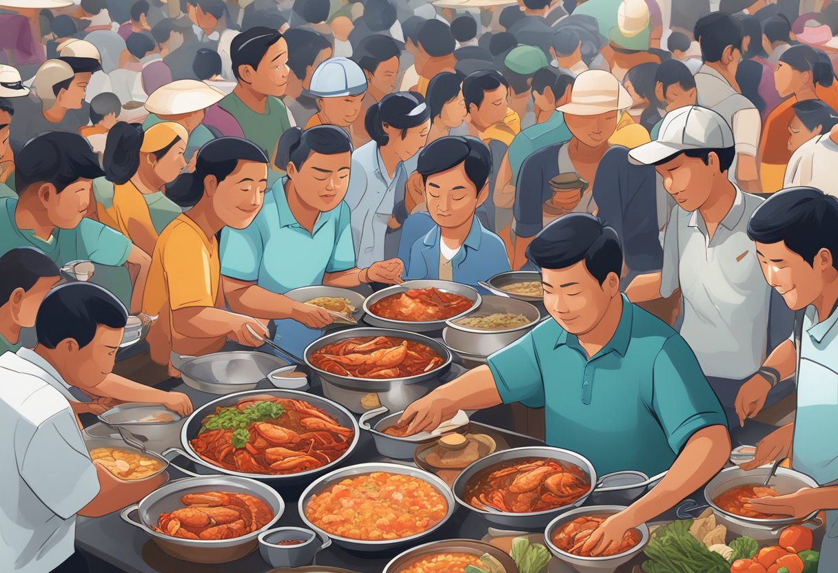 A steaming plate of chili crab sits on a crowded hawker stall table, surrounded by eager diners and bustling food vendors