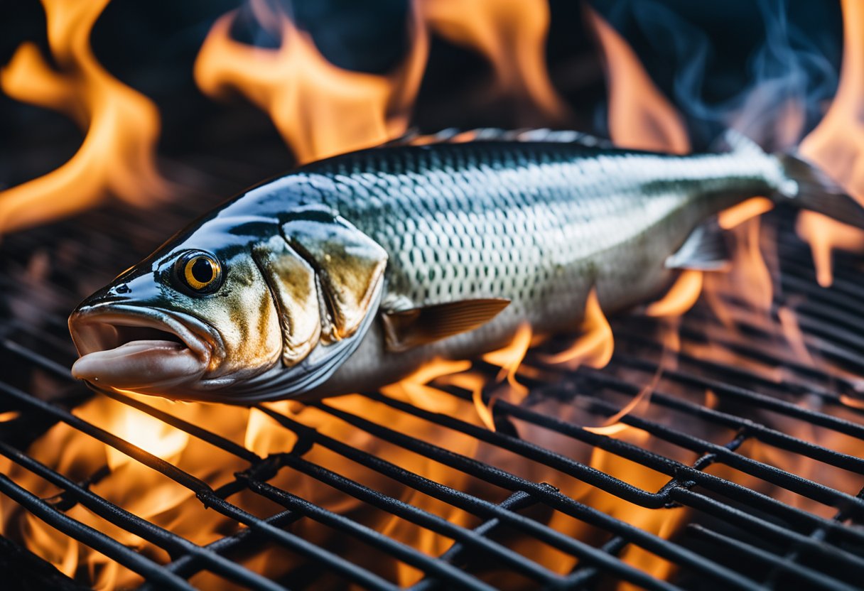 A fish grilling on a BBQ, with smoke rising and flames licking the edges