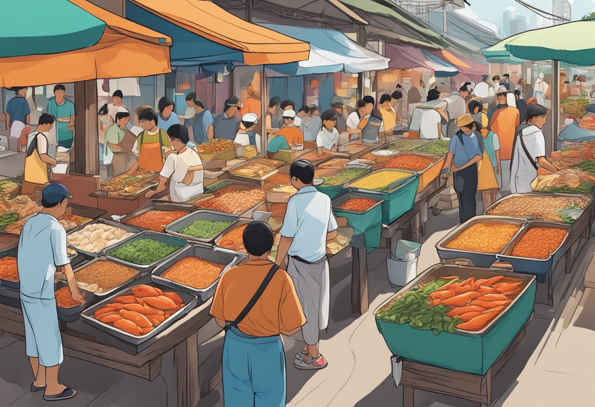 A bustling seafood market with colorful stalls and fresh catches on display. The aroma of sizzling chili crab fills the air as locals and tourists sample the best dishes in Singapore