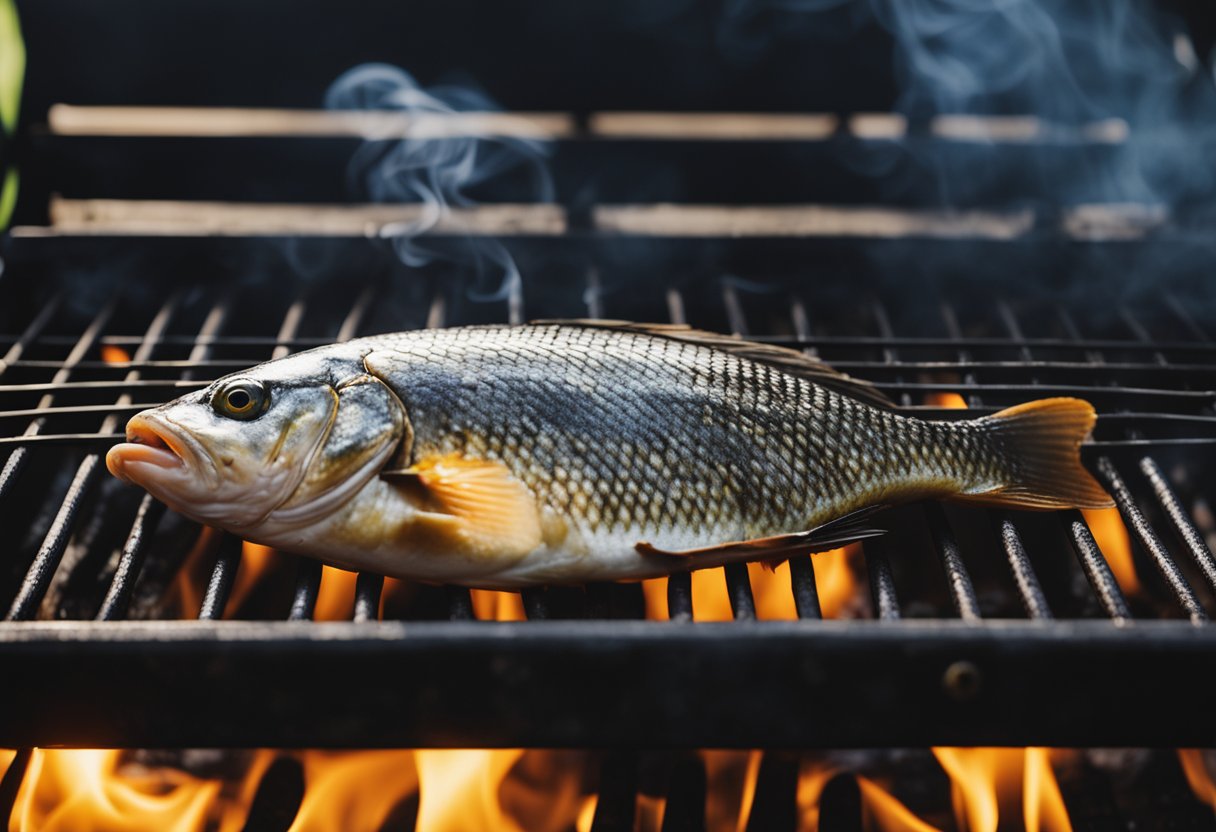 A fish sizzling on a hot grill, smoke rising, and flames licking the edges. The grill marks are visible on the fish, and the aroma of barbecue fills the air