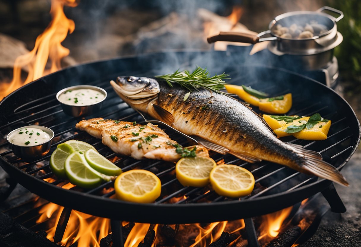 A fish grilling on a barbecue with smoke rising, surrounded by various condiments and utensils