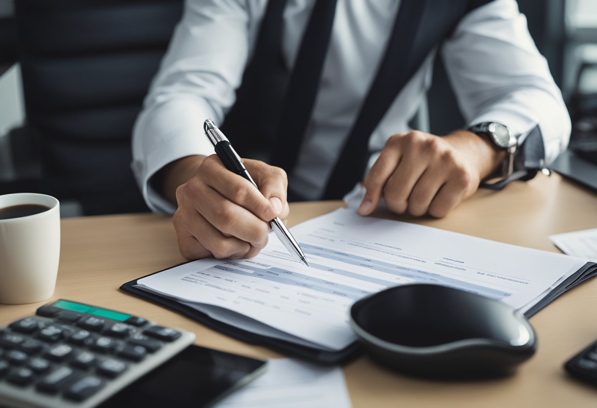 A person negotiating lower interest rates on loans and financing, sitting at a desk with a calculator, papers, and a determined expression