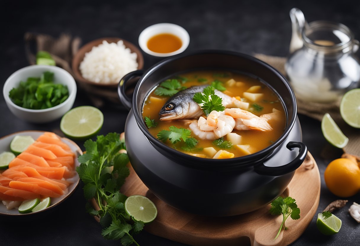 A steaming pot of batang fish soup surrounded by fresh ingredients and a recipe book