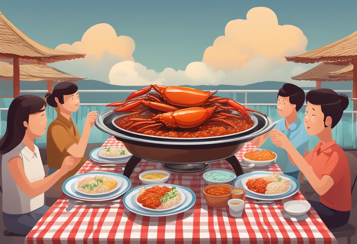 A steaming plate of chili crab sits on a checkered tablecloth, surrounded by empty plates and eager diners. The aroma of spicy seafood fills the air
