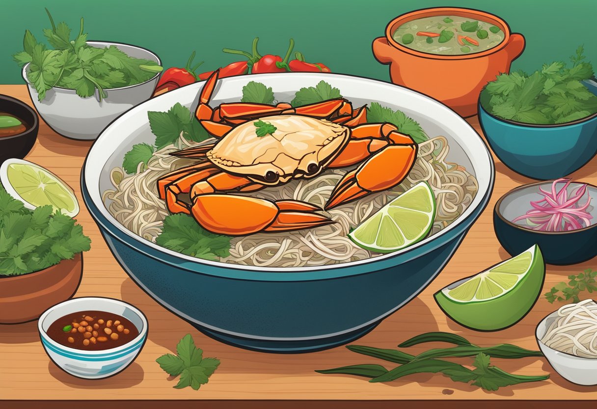 A steaming bowl of crab bee hoon sits on a vibrant table, surrounded by chili, lime, and fresh herbs. The aroma of rich, savory broth fills the air