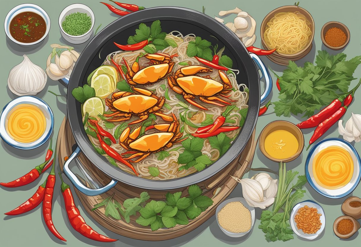 A steaming wok sizzles with fragrant crab bee hoon, surrounded by vibrant chili, garlic, and fresh herbs. The dish exudes a tantalizing aroma, inviting the viewer to savor its rich flavors