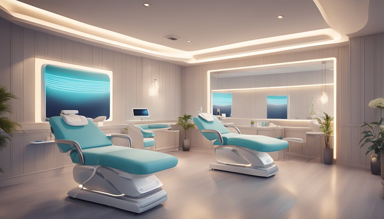 A serene medspa room with modern diode laser equipment. Soft lighting and comfortable seating create a welcoming atmosphere for clients
