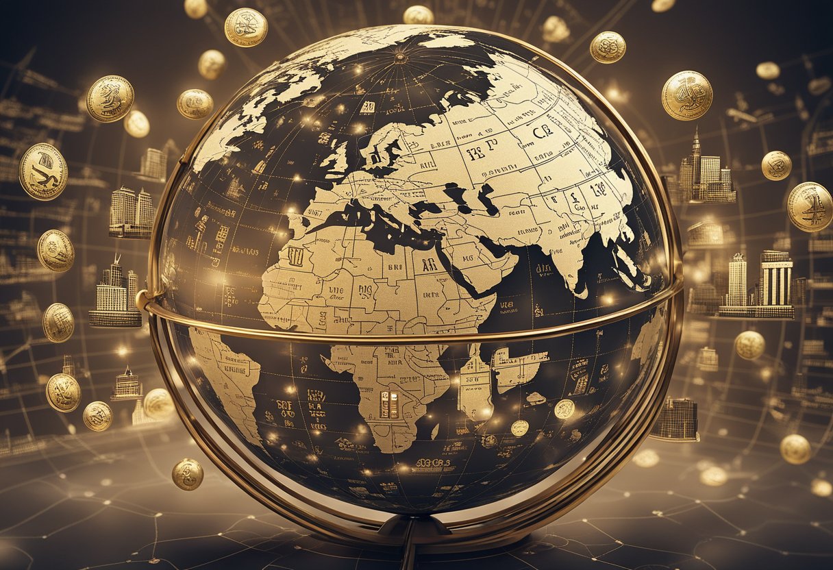 Central banks controlling global economy, depicted through a globe surrounded by interconnected financial institutions and currency symbols