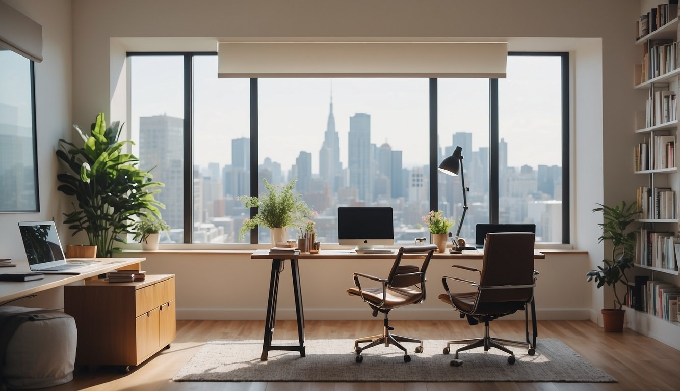 A bright, airy office with large windows, a clutter-free desk, and vibrant artwork on the walls. A cozy reading nook with a comfortable chair and a bookshelf filled with inspiring reads