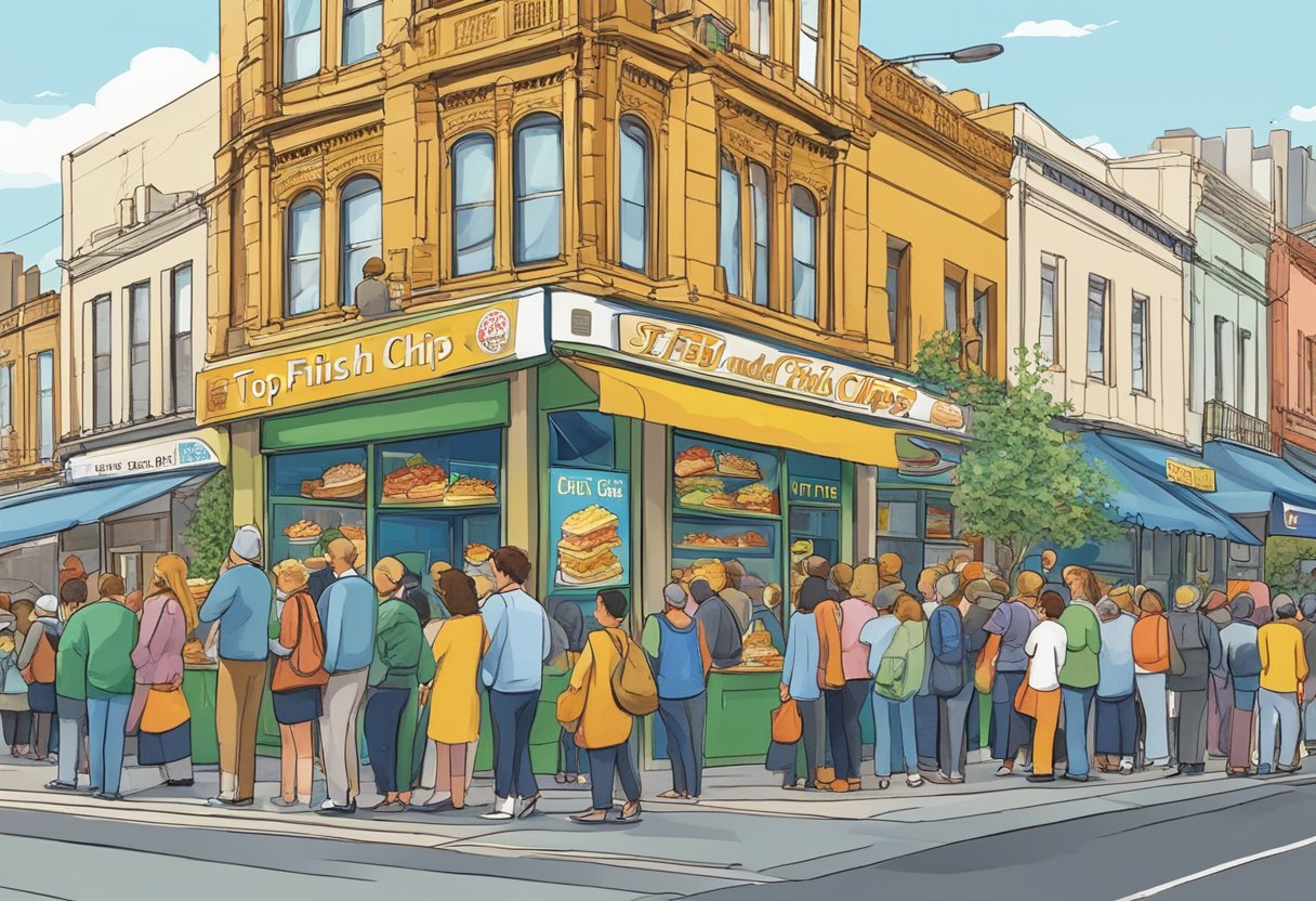 A bustling Melbourne street with colorful signs advertising the "Top Fish and Chips Spots." People line up outside the shops, eagerly awaiting their crispy, golden meals
