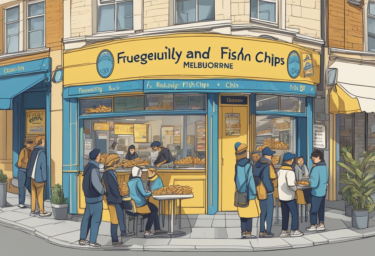 A bustling fish and chips shop in Melbourne with a line of customers, a mouthwatering display of golden fried fish and crispy chips, and a sign reading "Frequently Asked Questions: best fish and chips Melbourne."