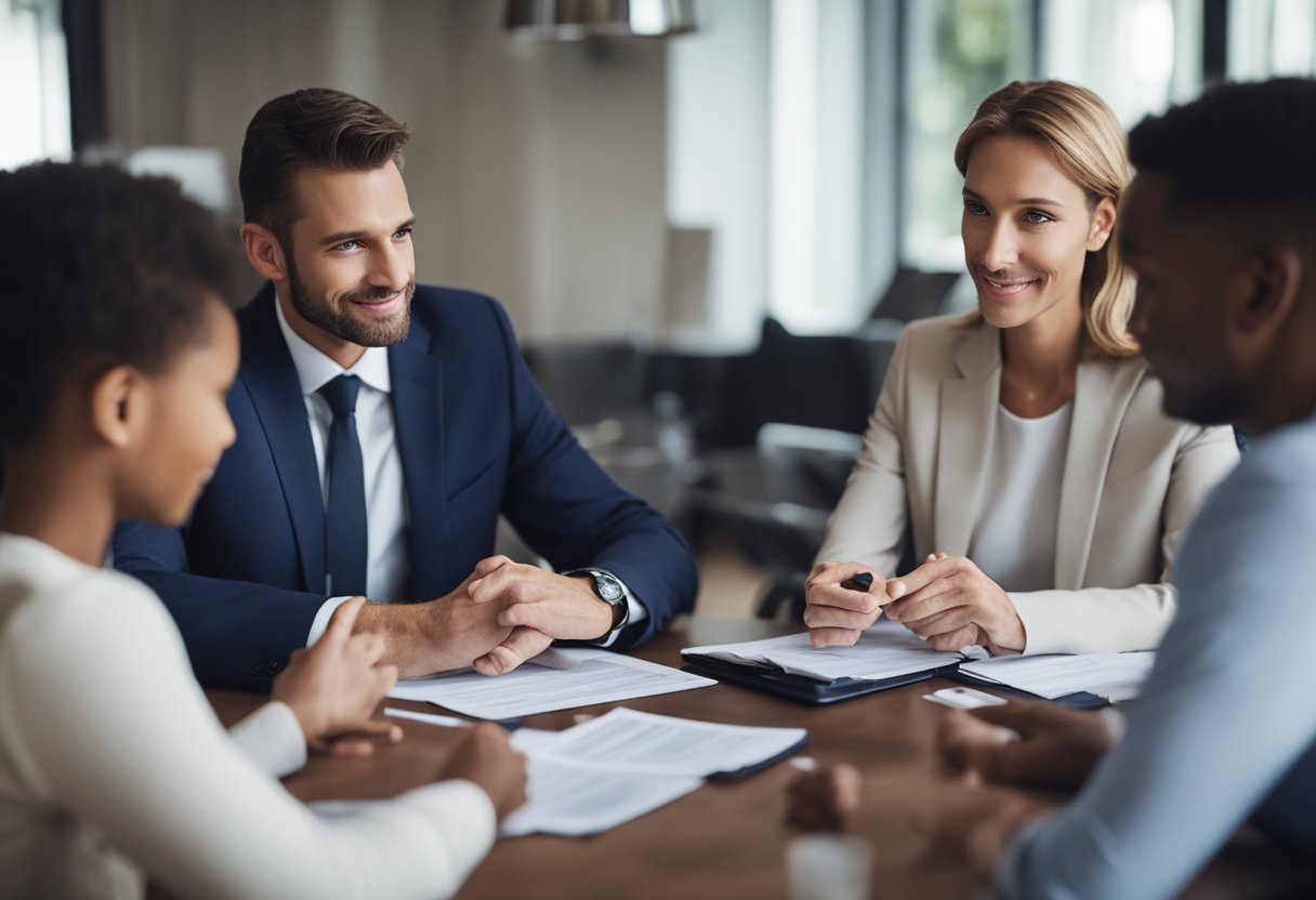 A family meeting around a table, discussing inheritance and asset protection. Legal documents and financial charts are spread out, showing careful planning