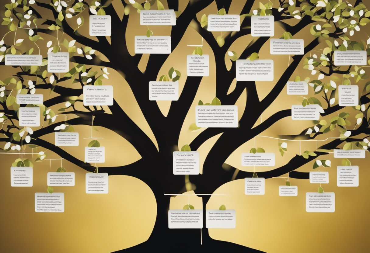 A family tree with branches representing different strategies for succession planning and asset protection