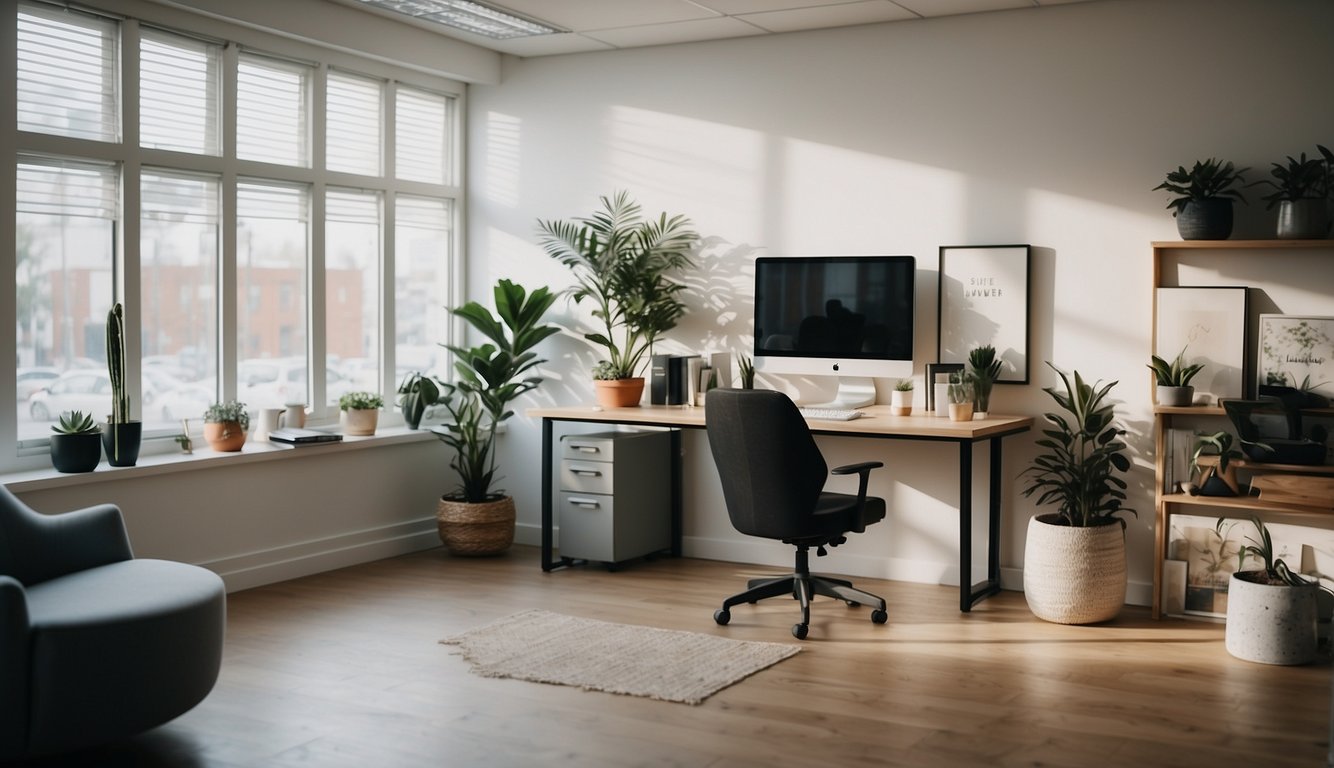 A bright, airy office space with large windows, a clutter-free desk, and inspirational artwork on the walls. A cozy reading nook with a comfortable chair and a small table for creative brainstorming