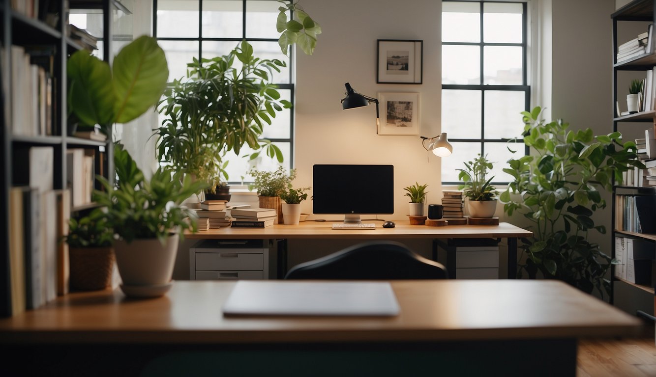 A well-lit, organized office space with a large desk, ergonomic chair, motivational artwork, and green plants. A bookshelf filled with inspiring books and a cozy reading nook complete the scene