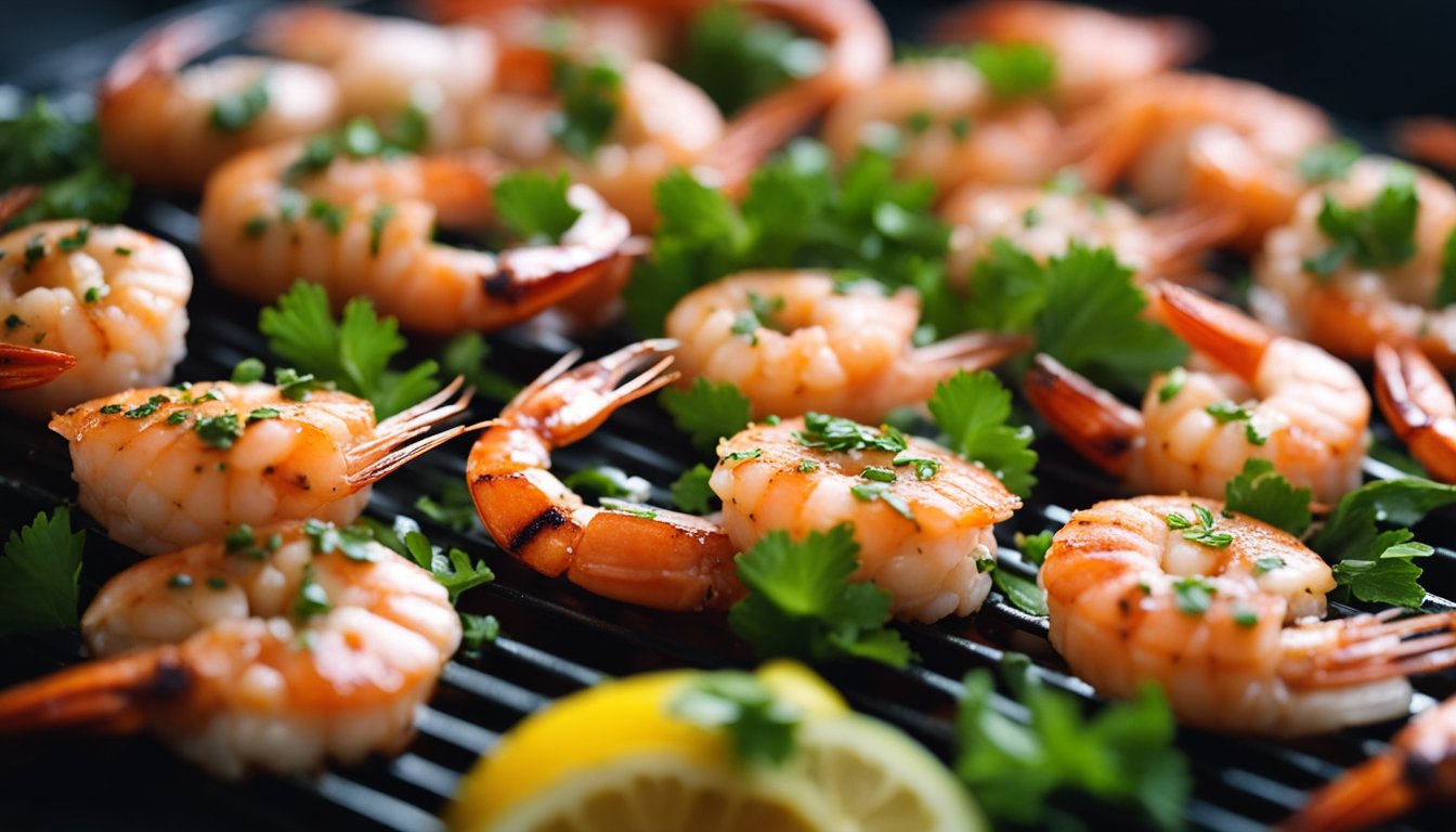 Prawns being coated in a vibrant marinade of herbs, spices, and citrus before being grilled over a smoky BBQ