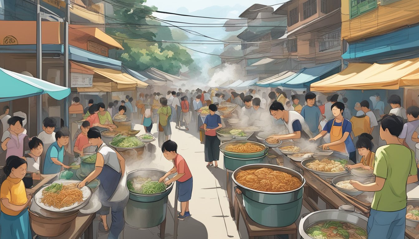 A bustling beach road market with steaming pots of fish head bee hoon, surrounded by eager customers, showcasing the dish's popularity