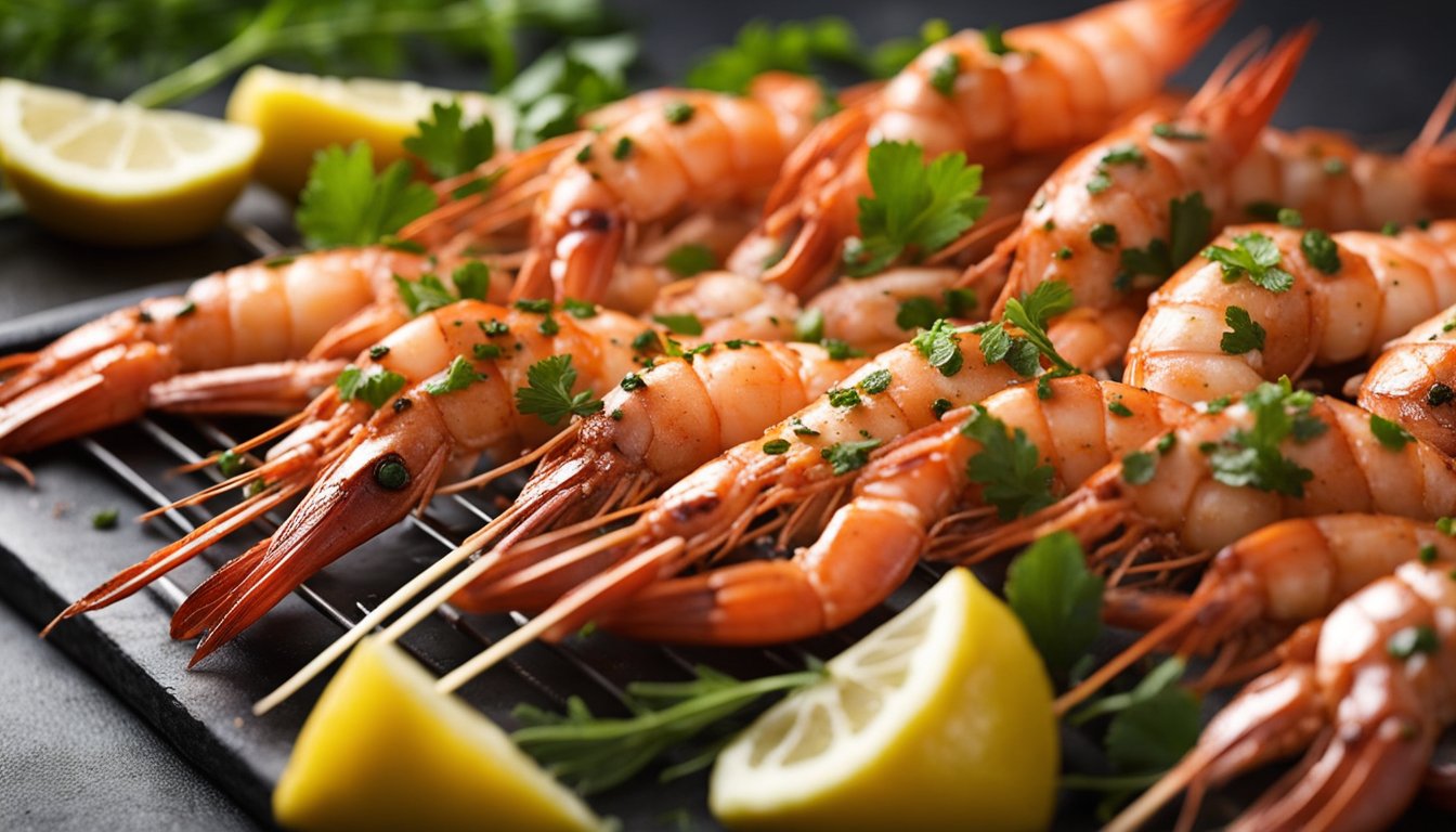 Fresh prawns being cleaned and deveined, then marinated in a flavorful mixture of spices, herbs, and oil before being skewered for the BBQ