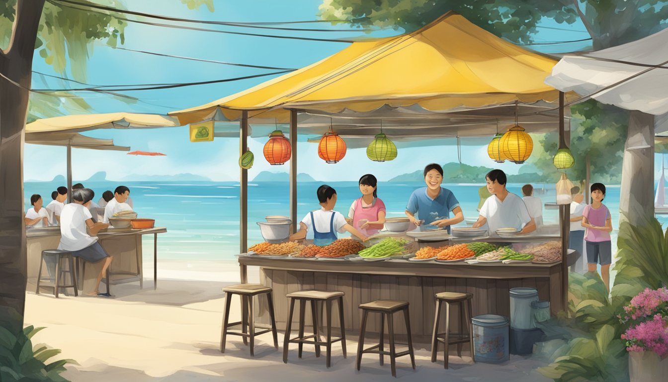A beachside stall serves up steaming bowls of fish head bee hoon, surrounded by the sights and sounds of the bustling Culinary Delights beach road