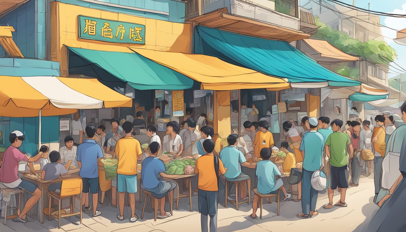 A bustling beach road with a colorful fish head bee hoon stall surrounded by curious customers asking frequent questions