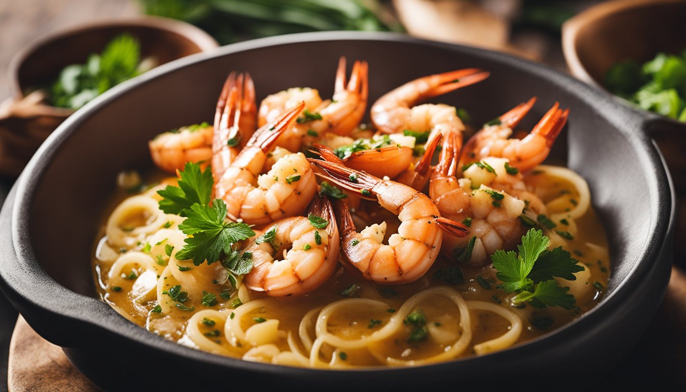 Prawns marinating in a bowl, grill sizzling, smoke rising, and a platter ready for serving